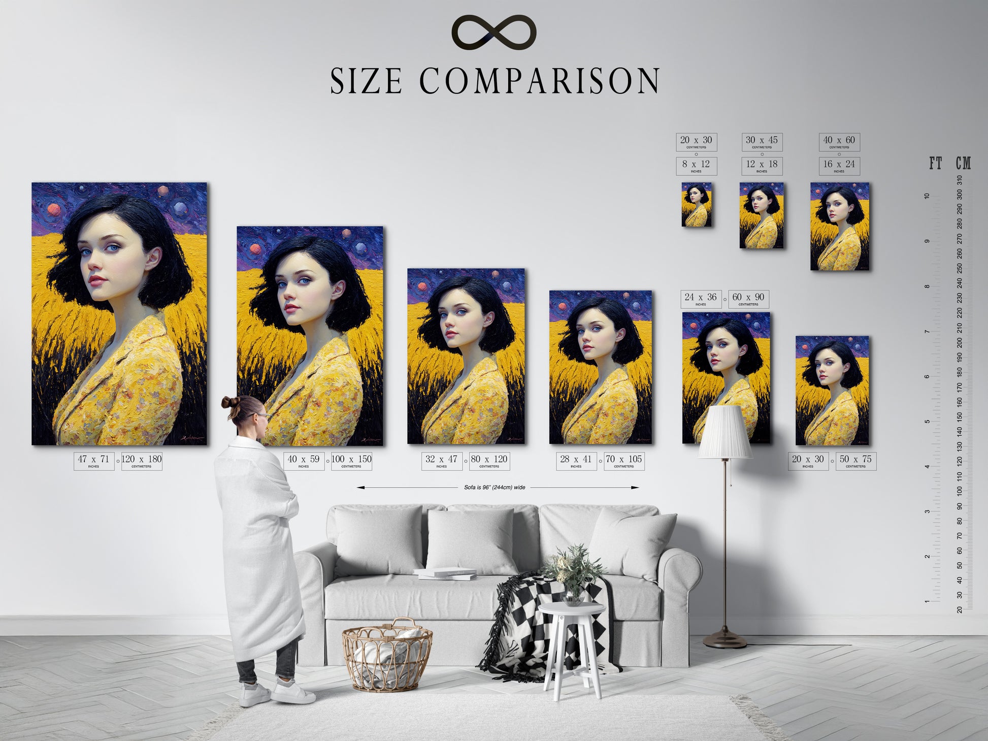 A size comparison chart displayed in an interior setting featuring angel wings portrait art. The golden yellow contemporary wall art and modern female figure make a statement. Perfect for bedroom decor or living room art. It is ideal for homeowners renters and boutique owners. This figurative art enhances any space.