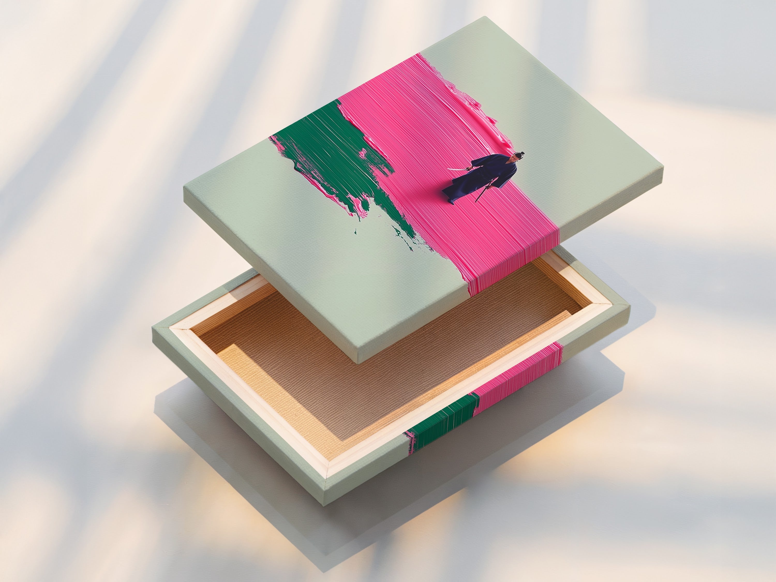 A stretched canvas print displays the Abstract Pink Samurai artwork. The stretched canvas provides a gallery wrapped look. This ready to hang option simplifies installation. It transforms your space with modern minimalist wall art. Great for office spaces.