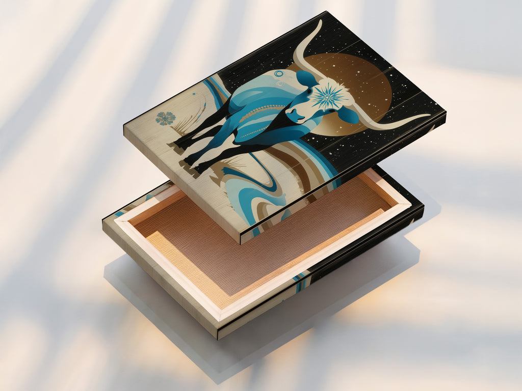 Stretched canvas print of the Celestial Bull artwork. This piece brings a touch of Southwestern style to any room. Ideal as living room wall art or office wall art. The zodiac canvas print is a great conversation starter. Get yours soon.