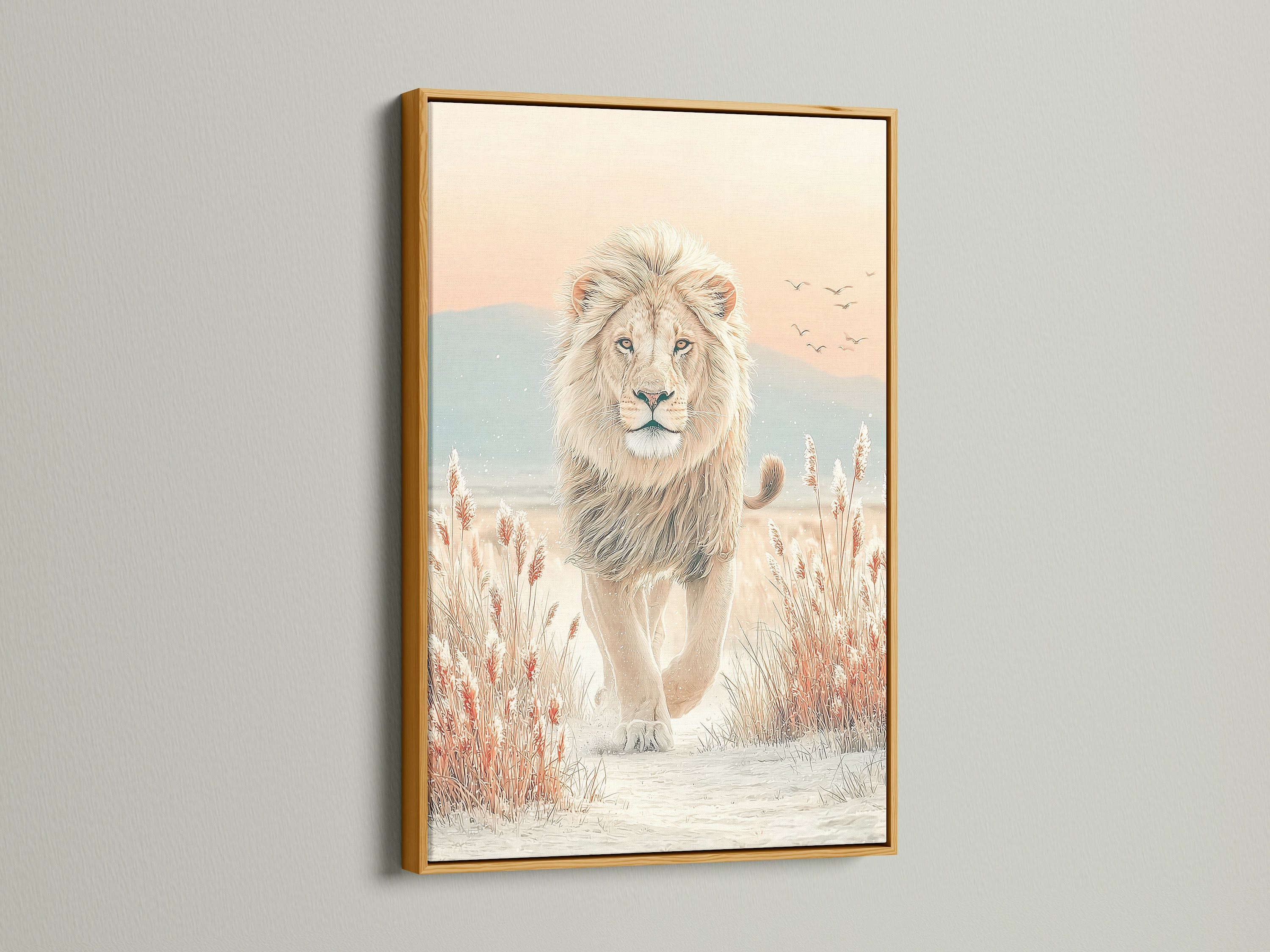 A beige lion artwork is elegantly displayed in a gold frame. This safari art adds a touch of luxury to your space. A sophisticated animal canvas for any room. Bring home this neutral artwork today.