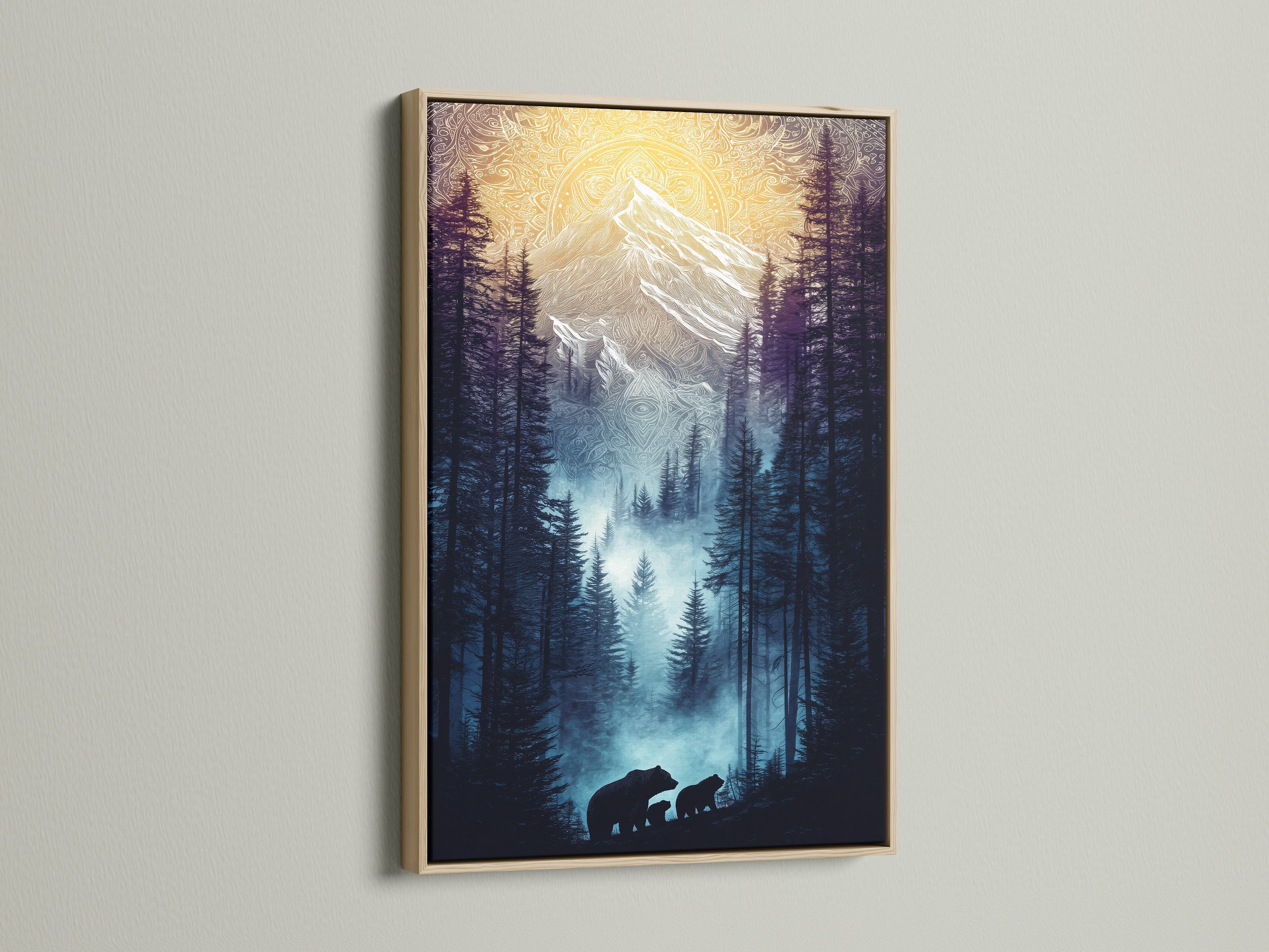 Close-up of a Bear Family Canvas Print. The artwork features a mountain forest scene. The art is framed in oak. This nature landscape adds woodland decor to any space.