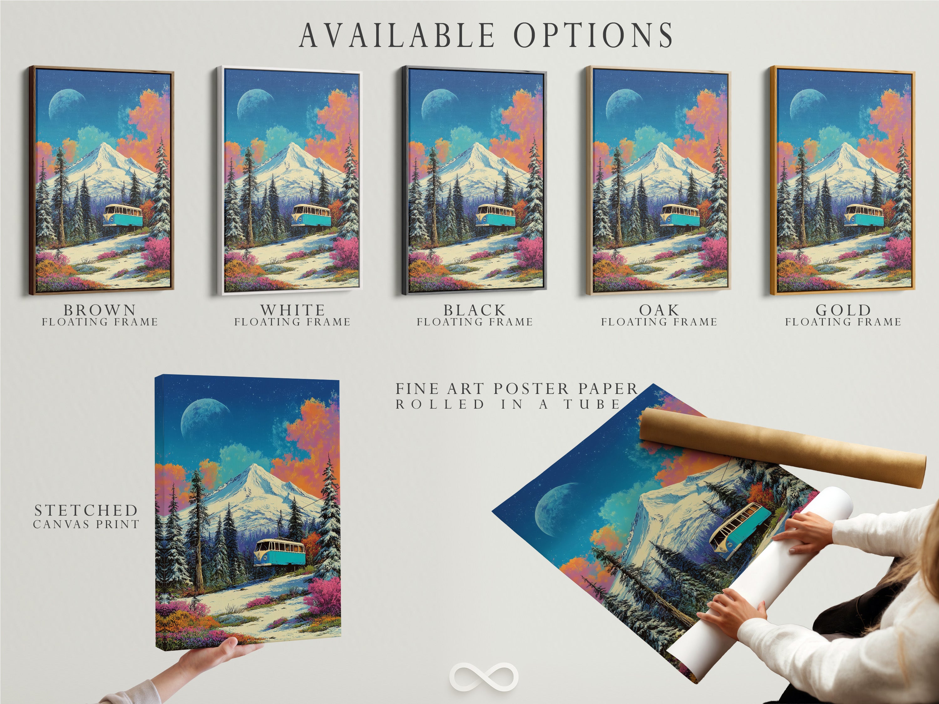 Explore available options for the vintage bus mountain artwork. Choose from a stretched canvas print fine art poster paper or a floating frame. Find the perfect artwork option now.