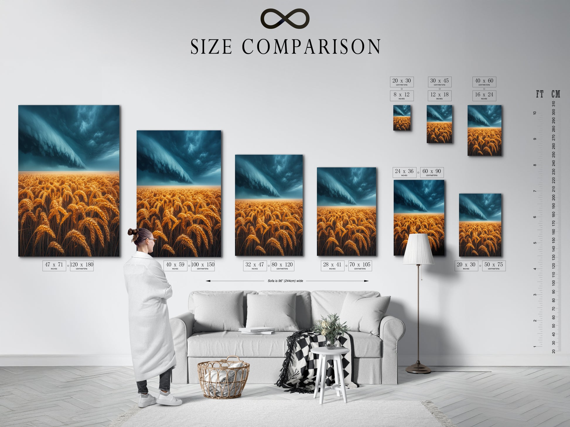 Size comparison chart displayed in an interior setting. See how the wheat field artwork fits your space. Visualize the golden harvest canvas in different sizes. Perfect for planning your farmhouse decor. Find the ideal dimensions for your rustic art print.