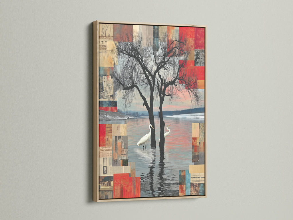 Crane Bird Abstract Lake Canvas in an oak frame. The artwork captures the essence of nature. The oak frame enhances its beauty. Ideal for adding a calming touch to minimalist or Scandinavian interiors. Perfect for art lovers.