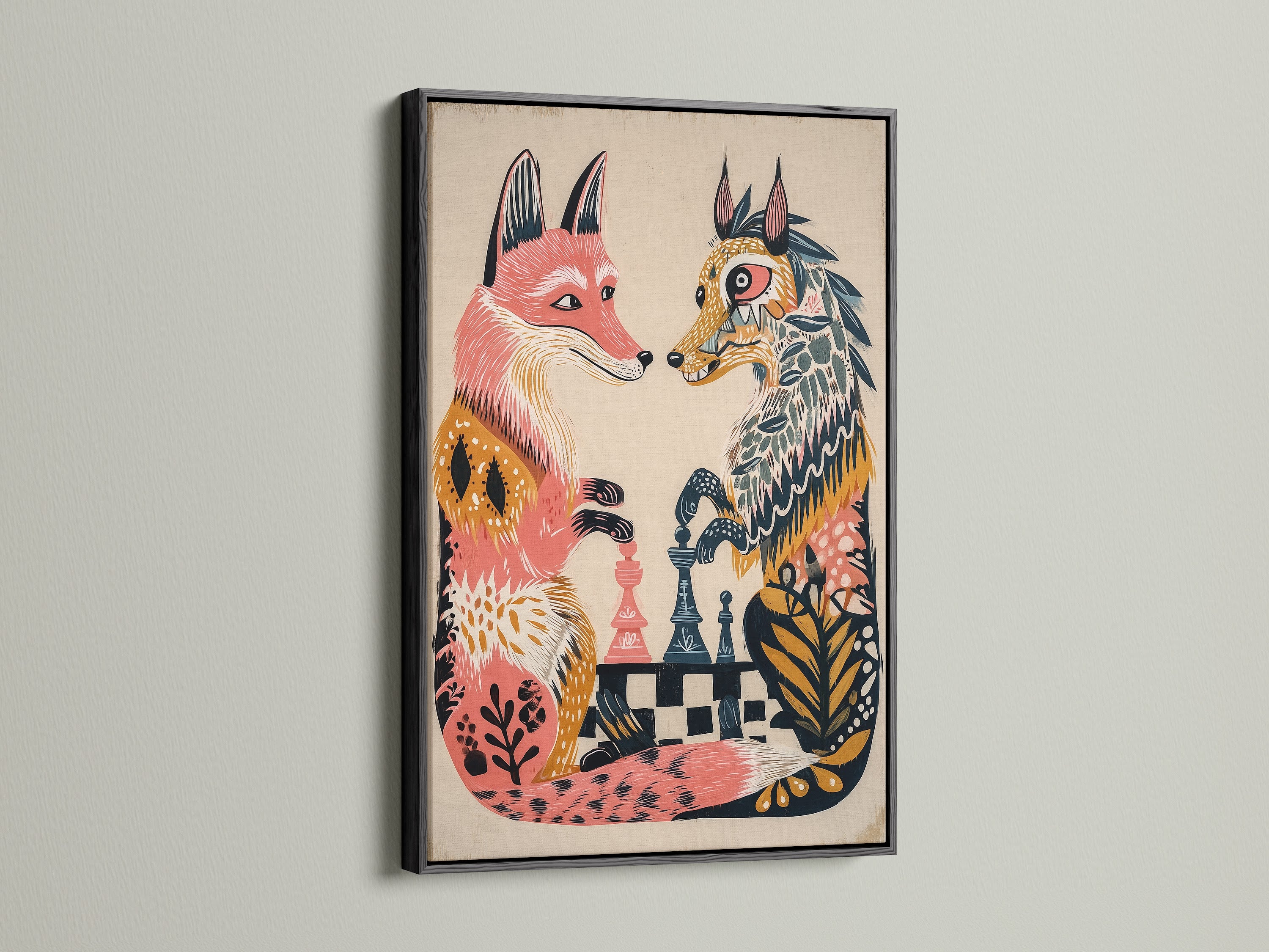 Fox chess game artwork is elegantly framed in black. This folk art print provides a sophisticated contrast. Ideal for creating a focal point in your living space. The black frame enhances the artwork's colors.