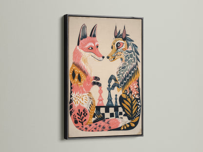 Fox chess game artwork is elegantly framed in black. This folk art print provides a sophisticated contrast. Ideal for creating a focal point in your living space. The black frame enhances the artwork's colors.