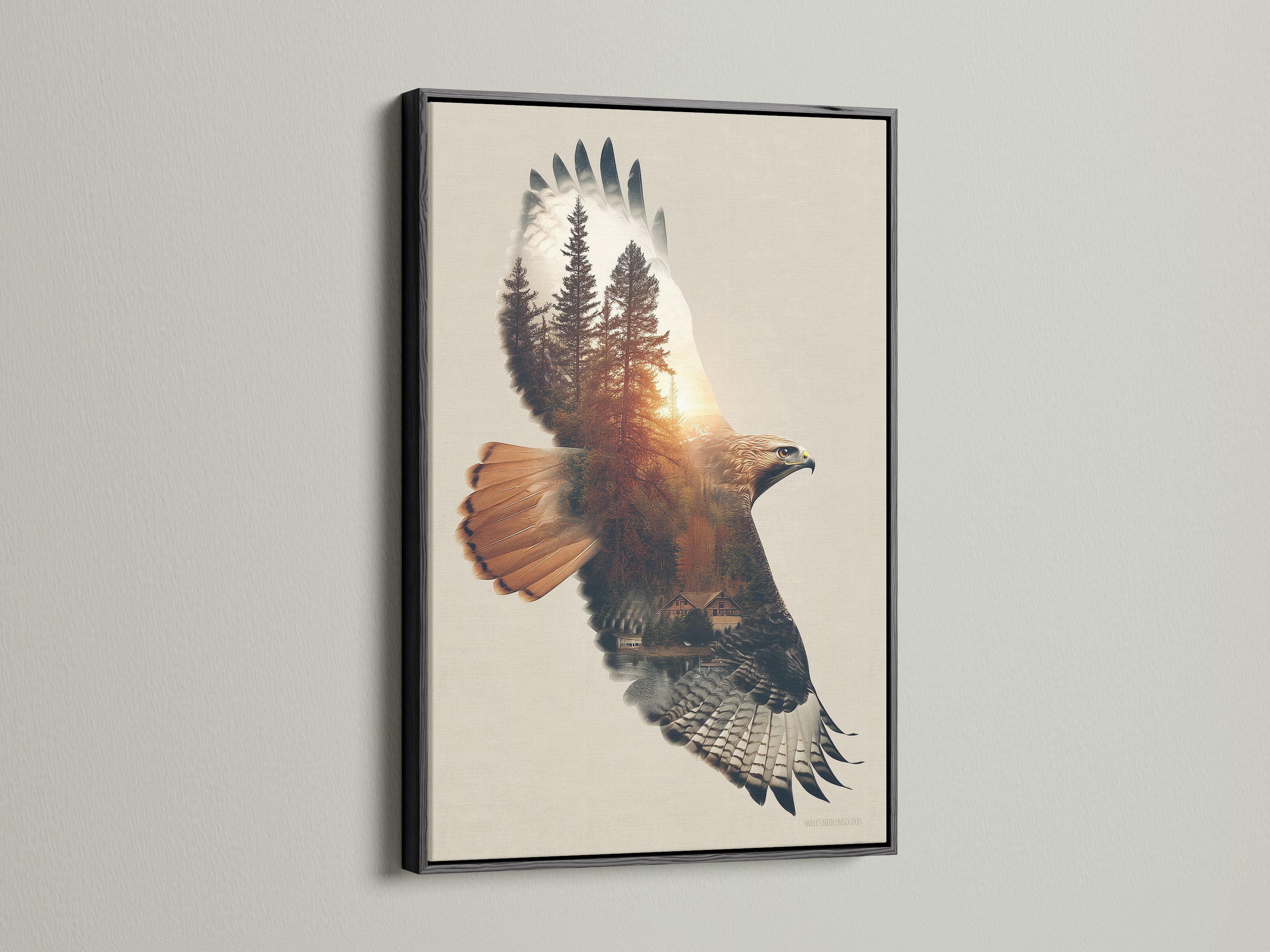 The Eagle Forest artwork print is displayed in a black frame. This striking contrast enhances the eagle artwork. The black frame adds sophistication to the wildlife canvas. It creates a focal point in any room. Ideal for industrial or eclectic styled spaces. Notice the fine details.