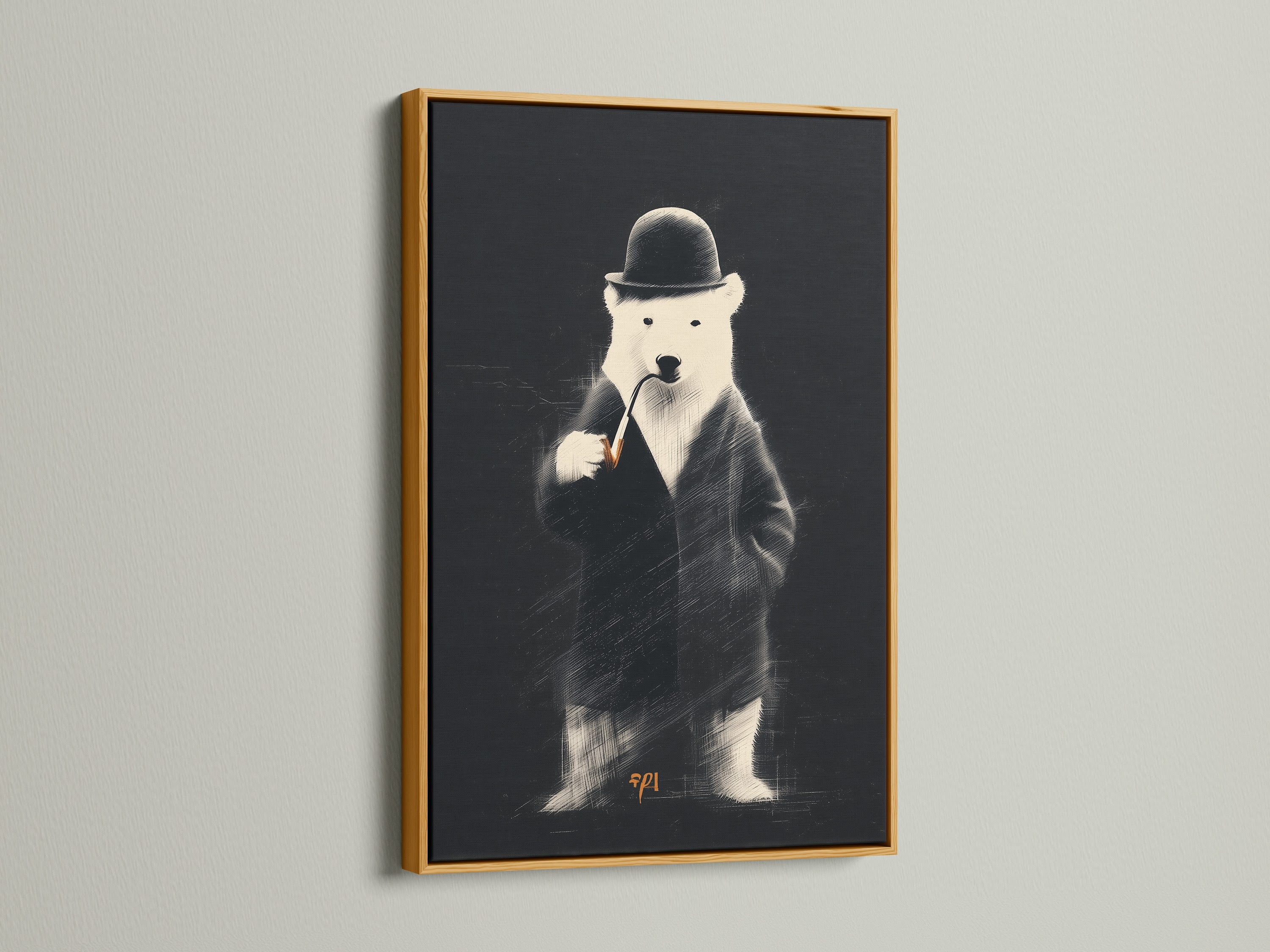 This image displays a gold frame. The artwork is a bear in a suit. A gold frame brings elegance and luxury. It enhances the artwork's visual appeal. Consider a gold frame to elevate your art.