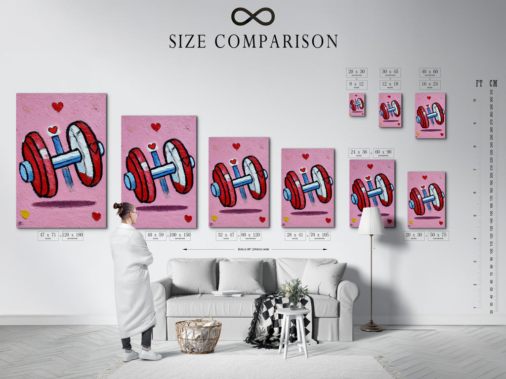 Size comparison chart displayed in an interior setting. This dumbbell artwork is available in multiple sizes. Find the perfect fit for your fitness wall art. The pink gym canvas print will look great in any space. Choose the ideal size for your workout decor.