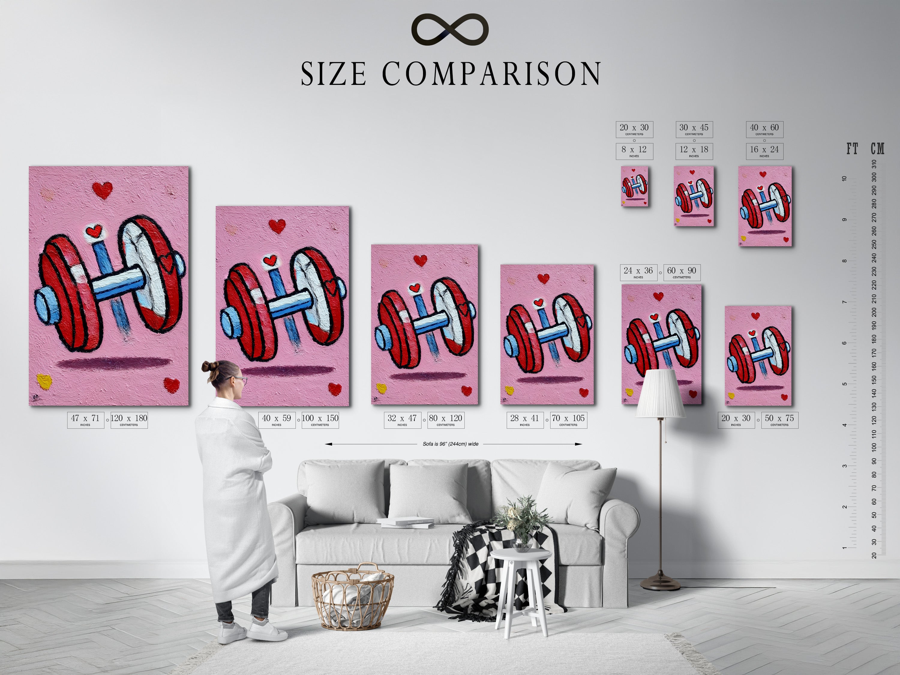 Size comparison chart displayed in an interior setting. This dumbbell artwork is available in multiple sizes. Find the perfect fit for your fitness wall art. The pink gym canvas print will look great in any space. Choose the ideal size for your workout decor.