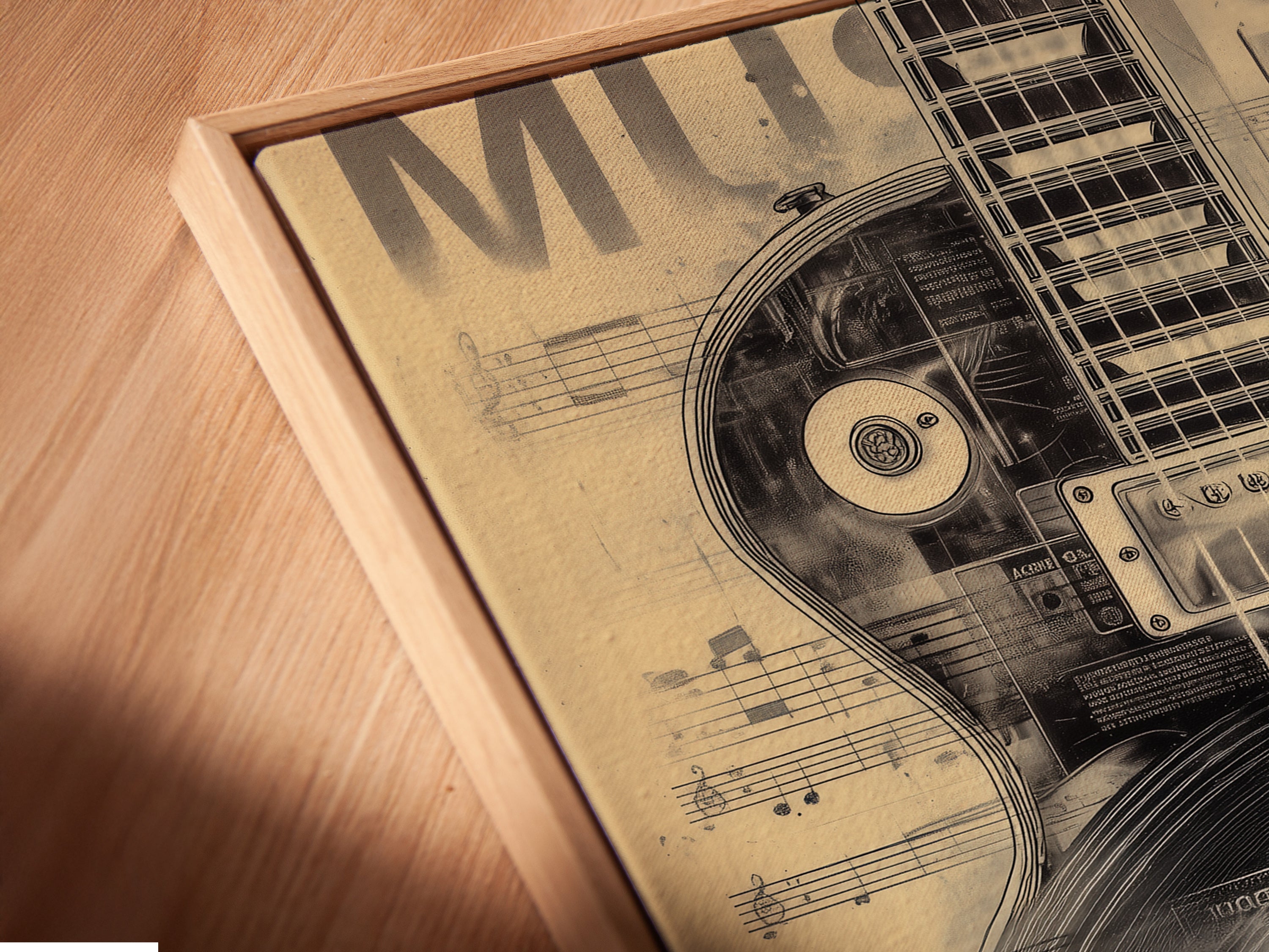 Close-up angled view of a canvas print in a floating frame. The vintage guitar music artwork features a guitar and microphone. This musical instrument poster is perfect for music rooms. It adds a stylish touch to any space.