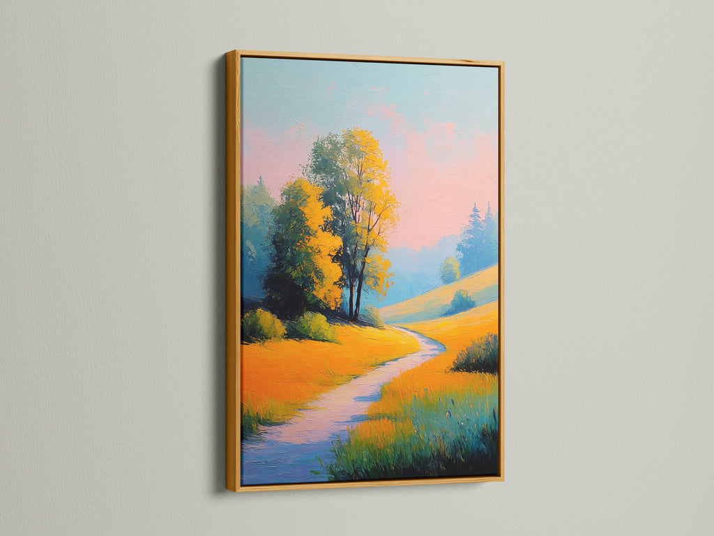 Admire the golden meadow path artwork in a luxurious gold frame. This artwork exudes elegance and sophistication. The golden frame complements the fall colors print beautifully. It creates a stunning piece of autumn wall decor for any interior setting. Perfect for adding a touch of opulence.
