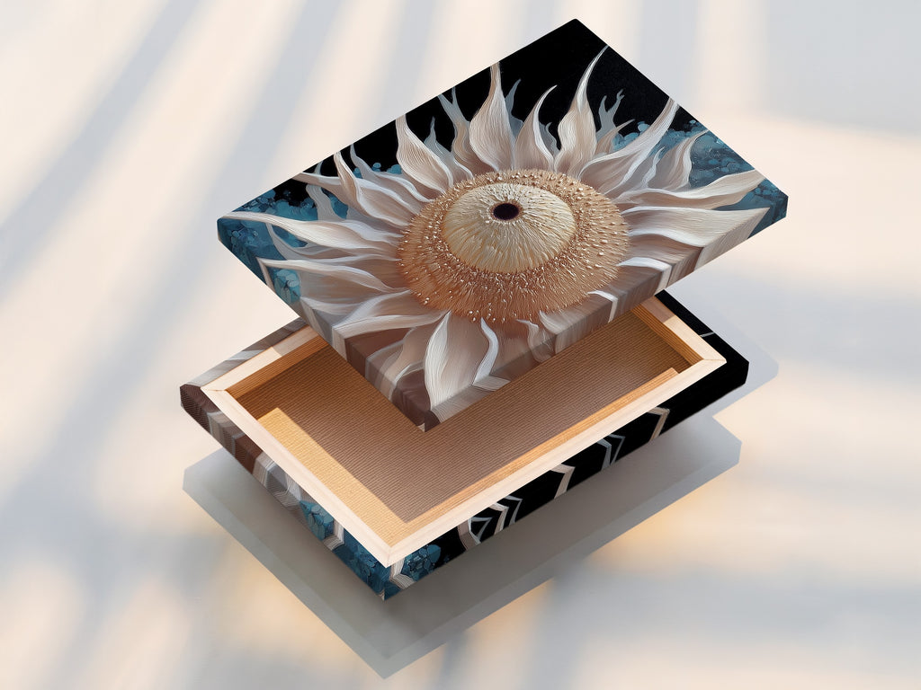 A stretched canvas print displays a beige sunflower artwork. This modern botanical print is ready to hang. The neutral floral artwork complements any room's decor. It adds a touch of nature with this flower artwork. Perfect for a scandi or minimalist living space or bedroom.