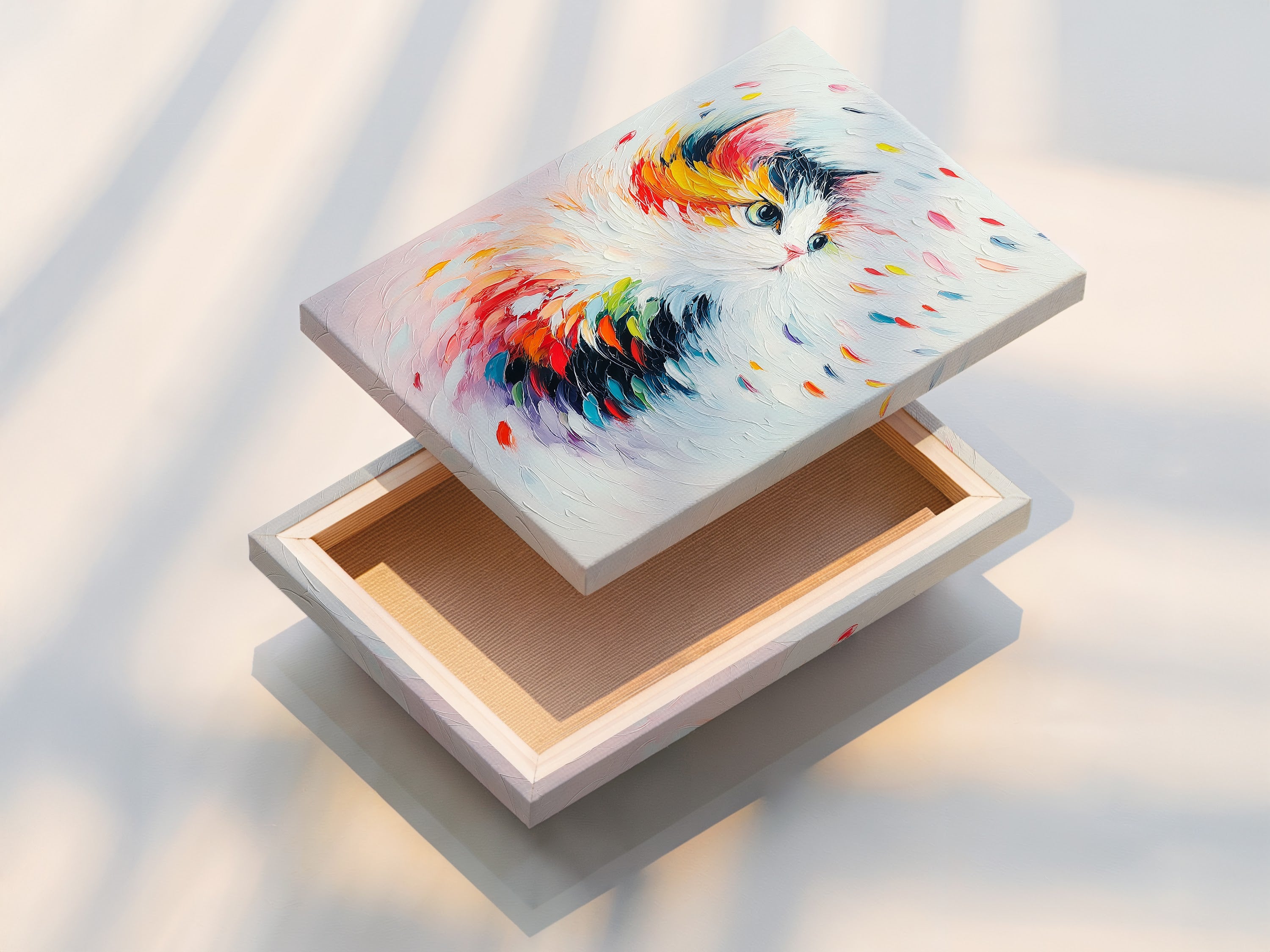 A stretched canvas print displays a vibrant cat artwork. This abstract feline canvas is ready to hang. It is perfect for adding a playful touch to your home. Ideal for kids rooms or modern living spaces. This joyful piece will brighten your space.