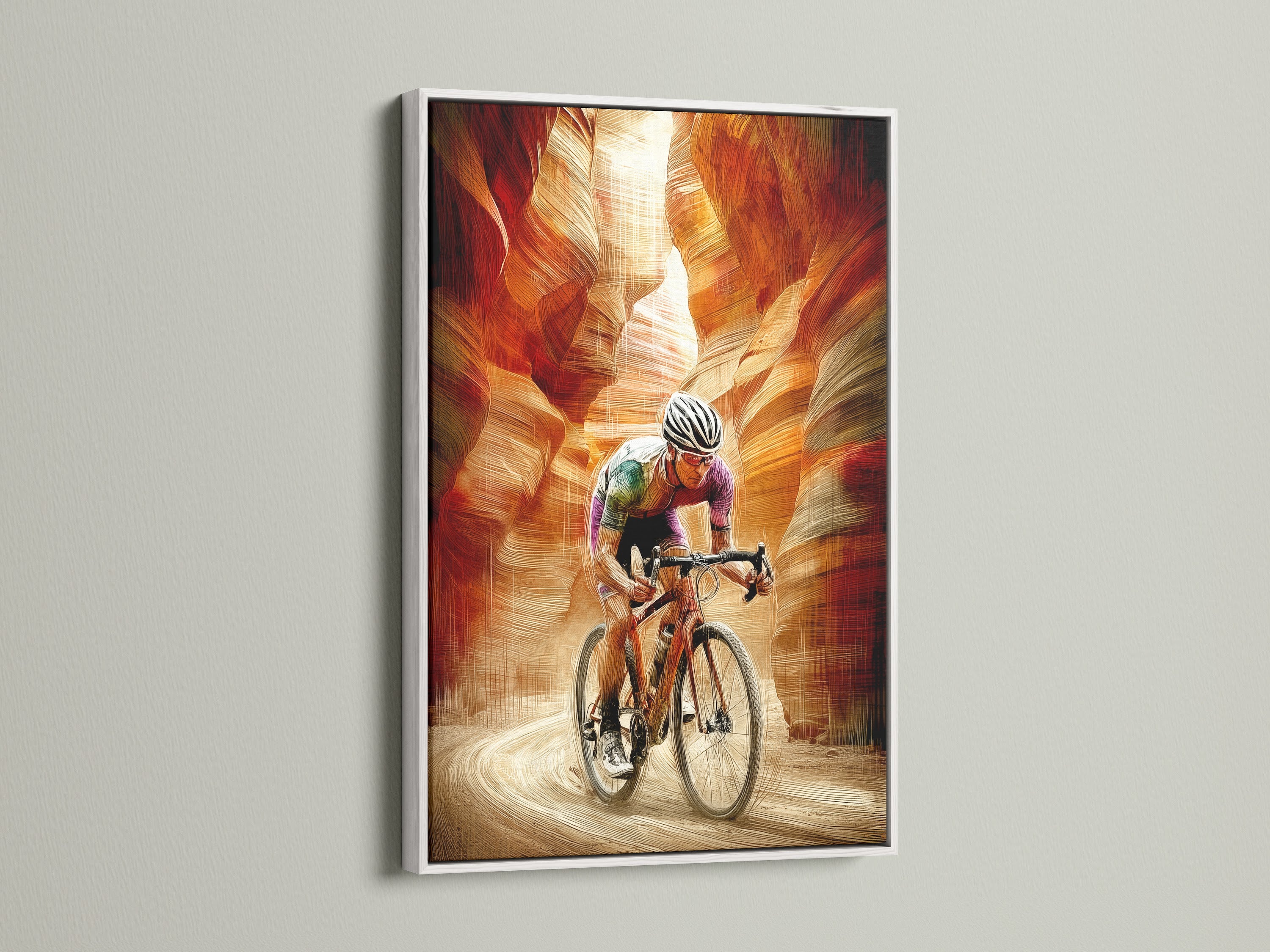A cyclist art print framed in a clean white frame. This sports print features a cyclist in a desert landscape. The white frame enhances the modern feel. It's a perfect addition to a minimalist or Scandinavian-style home.