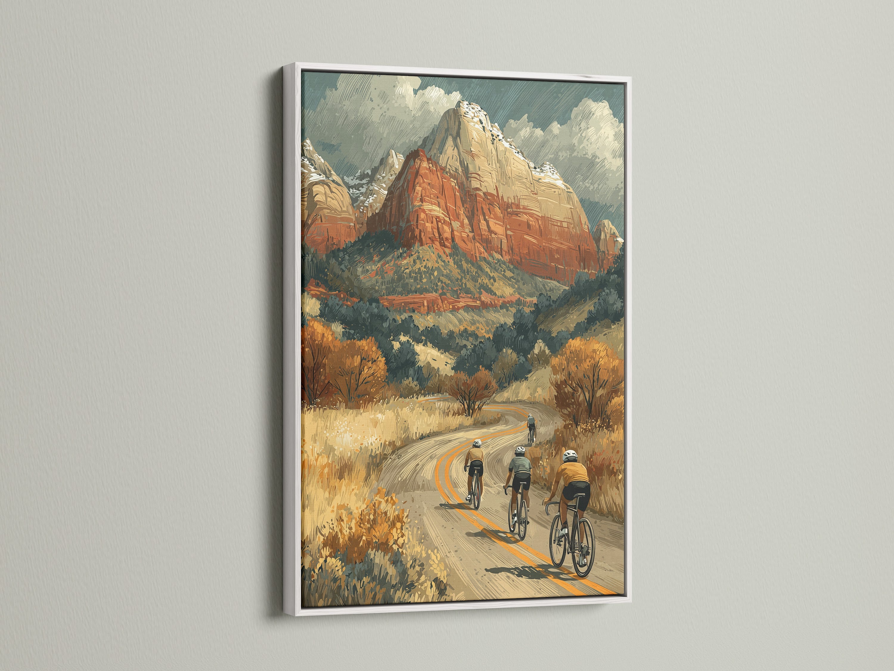 Cycling art print in a white frame. This desert landscape artwork is ideal for a home office. Bike wall decor is perfect for cycling aficionados. Outdoor art prints add a touch of vintage travel art.  