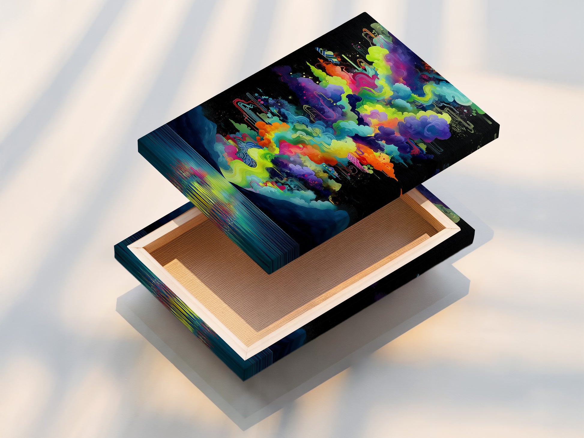 This stretched canvas print showcases vibrant colors. The abstract lake art and psychedelic print are ready to hang. Transform your space with this modern artwork. Enjoy colorful wall art today.