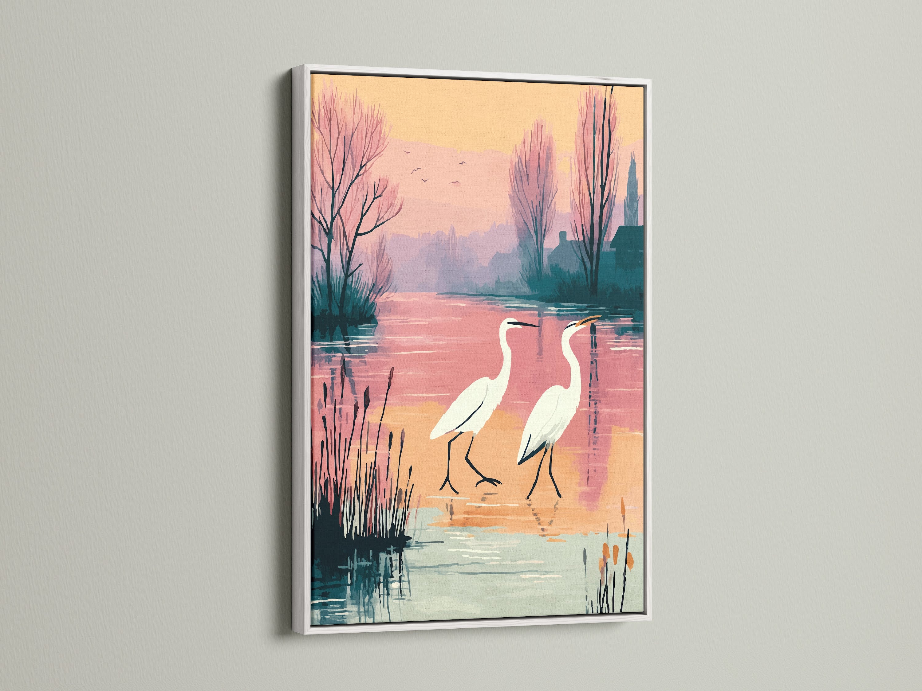 A white frame enhances this heron canvas print. The pastel wall art brings a serene touch to any space. This bird artwork is perfect for minimalist Scandinavian or modern decor. This is a great gift for her.
