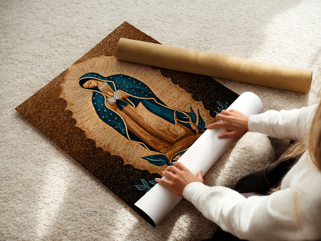 A woman carefully rolls a fine art poster paper. This showcases the care in handling the Virgin Mary art. The Our Lady of Guadalupe print is ready for framing. The religious artwork promises museum-quality preservation. Perfect for sacred art collectors and admirers.