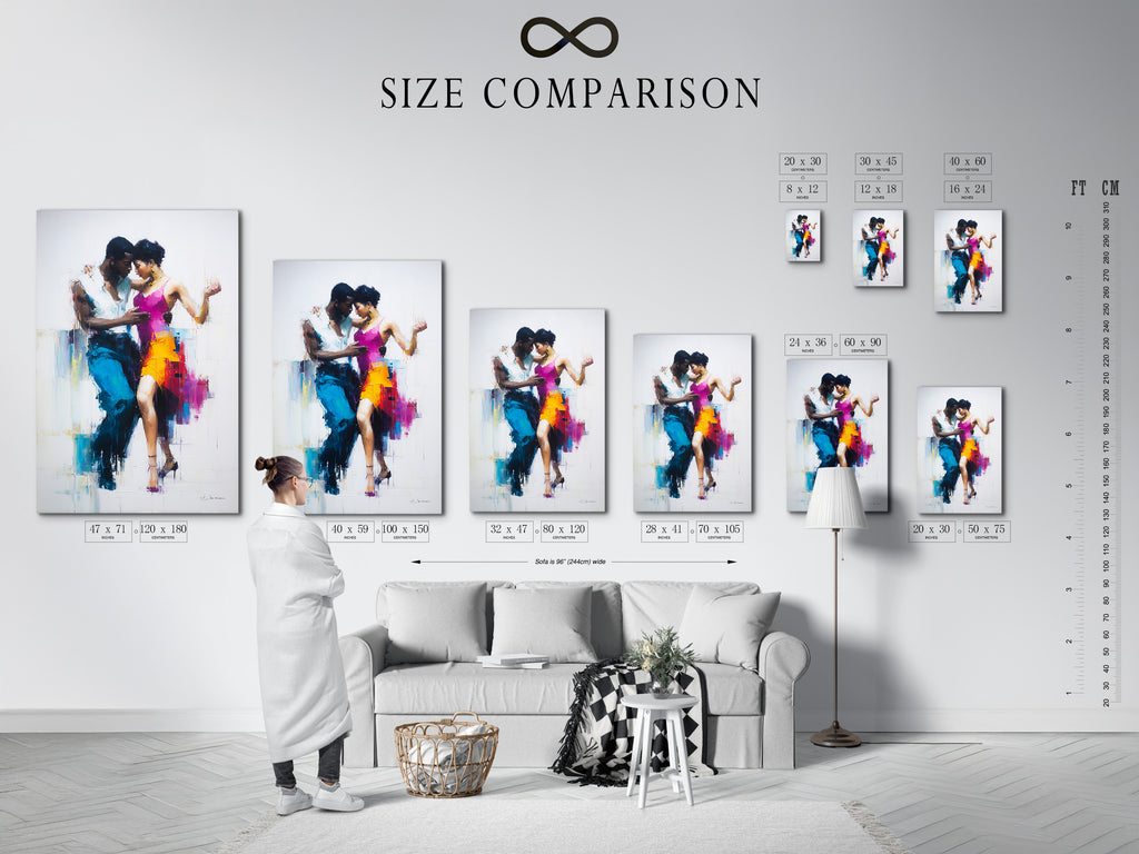 A size comparison chart is displayed in an interior setting. The chart shows various art print sizes. This helps visualize how each size fits in a room. The interior setting is stylish and modern. The chart is informative and practical. It aids in making the right art selection. This visual guide ensures a perfect fit for any space.