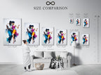 A size comparison chart is displayed in an interior setting. The chart shows various art print sizes. This helps visualize how each size fits in a room. The interior setting is stylish and modern. The chart is informative and practical. It aids in making the right art selection. This visual guide ensures a perfect fit for any space.
