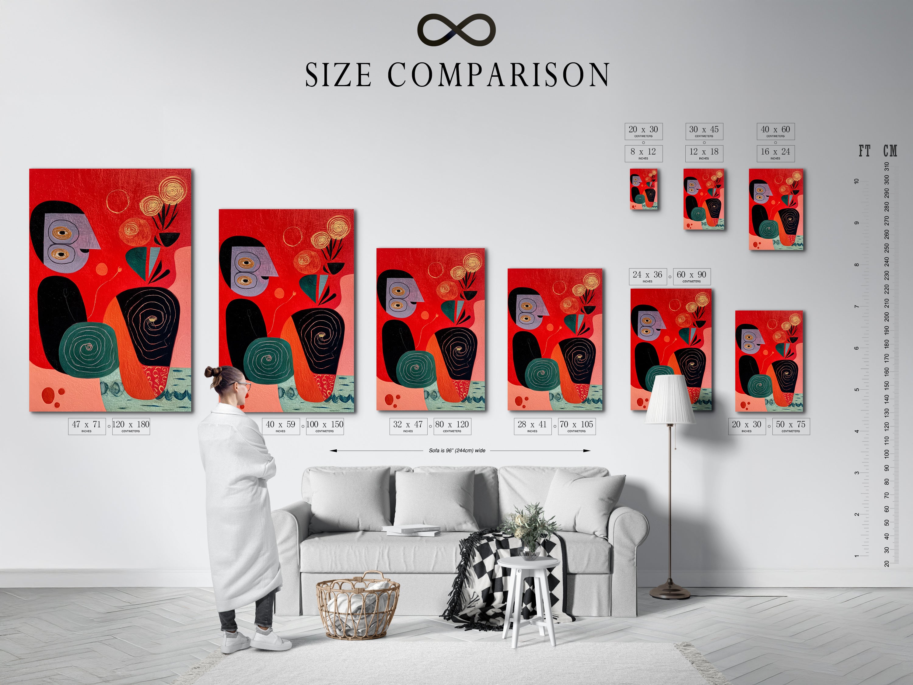 A size comparison chart in an interior setting. Visualize how our abstract folk art will look in your home. Choose the perfect size for your mid-century modern wall art. Find the ideal dimensions for your living space today.