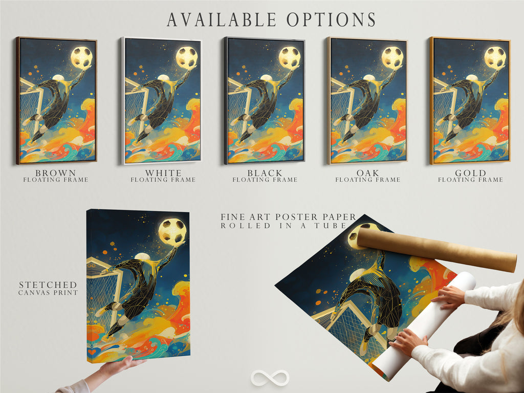 Available options are displayed: stretched canvas print fine art poster paper and floating frame. Customize your soccer goalkeeper artwork. Select the perfect format to match your decor style. Create a unique sports-themed display.