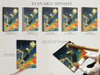 Available options are displayed: stretched canvas print fine art poster paper and floating frame. Customize your soccer goalkeeper artwork. Select the perfect format to match your decor style. Create a unique sports-themed display.