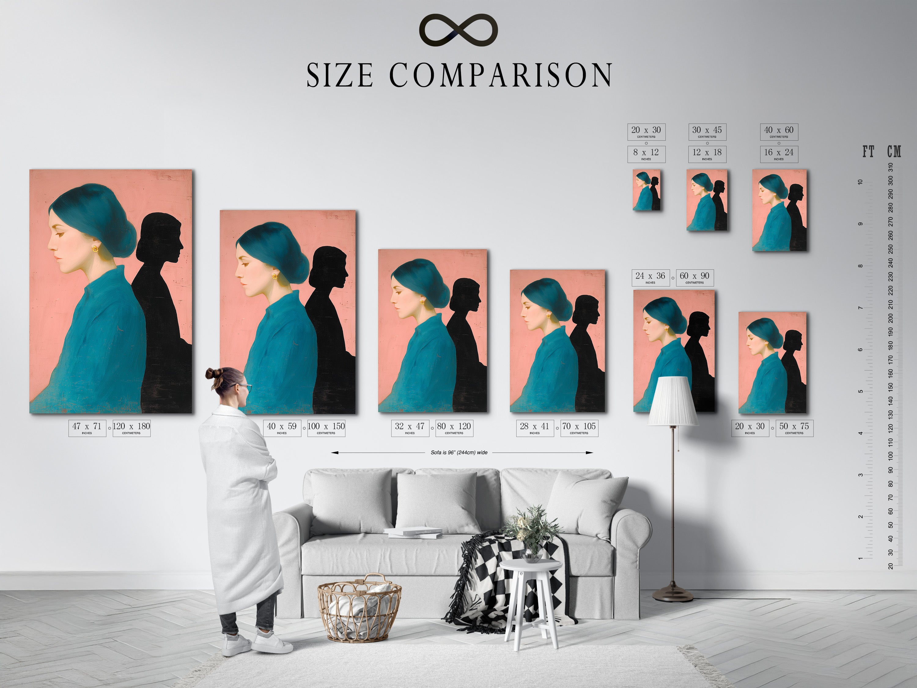 A size comparison chart is displayed in an interior setting. Visualize how different art sizes fit your space. This chart helps you choose the perfect dimensions. Ensure your art complements your decor.