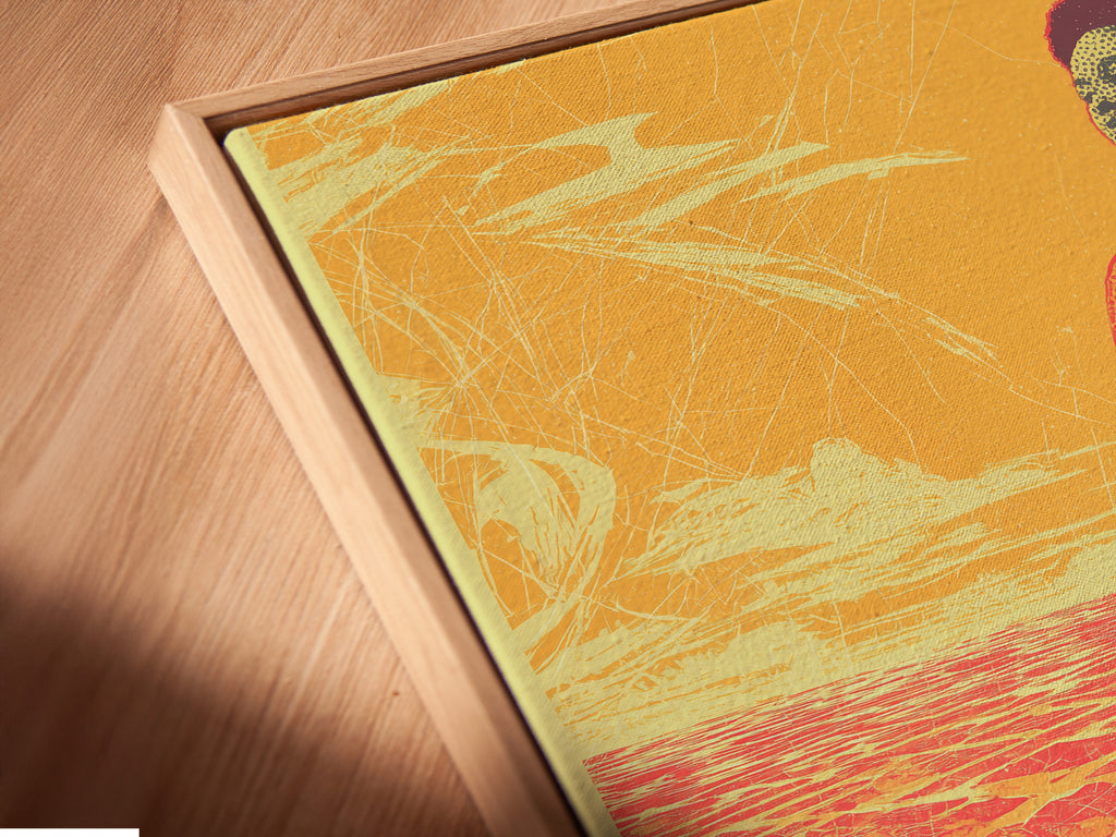 A canvas print in a floating frame is displayed at an angle. The African Woman Art Print shows a desert sunset canvas. This contemporary artwork enhances any space. Perfect for modern interiors and bedroom wall decor.