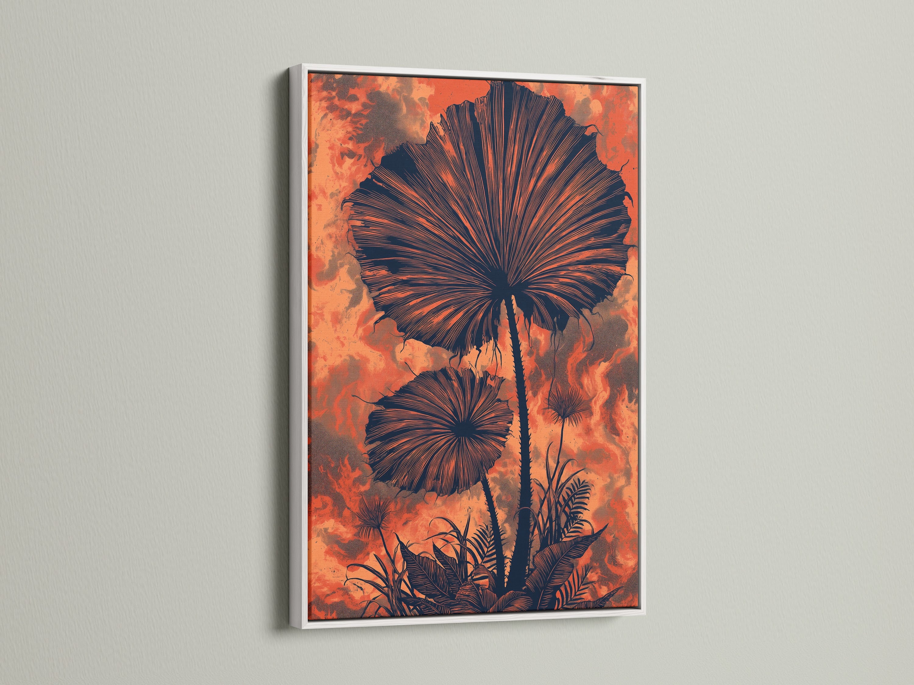 Botanical fan palm artwork with a white frame. This art piece is a striking addition to your home. The tropical foliage poster is perfect for creating a serene atmosphere. A beautiful piece of leaf artwork. This wall art complements any decor.