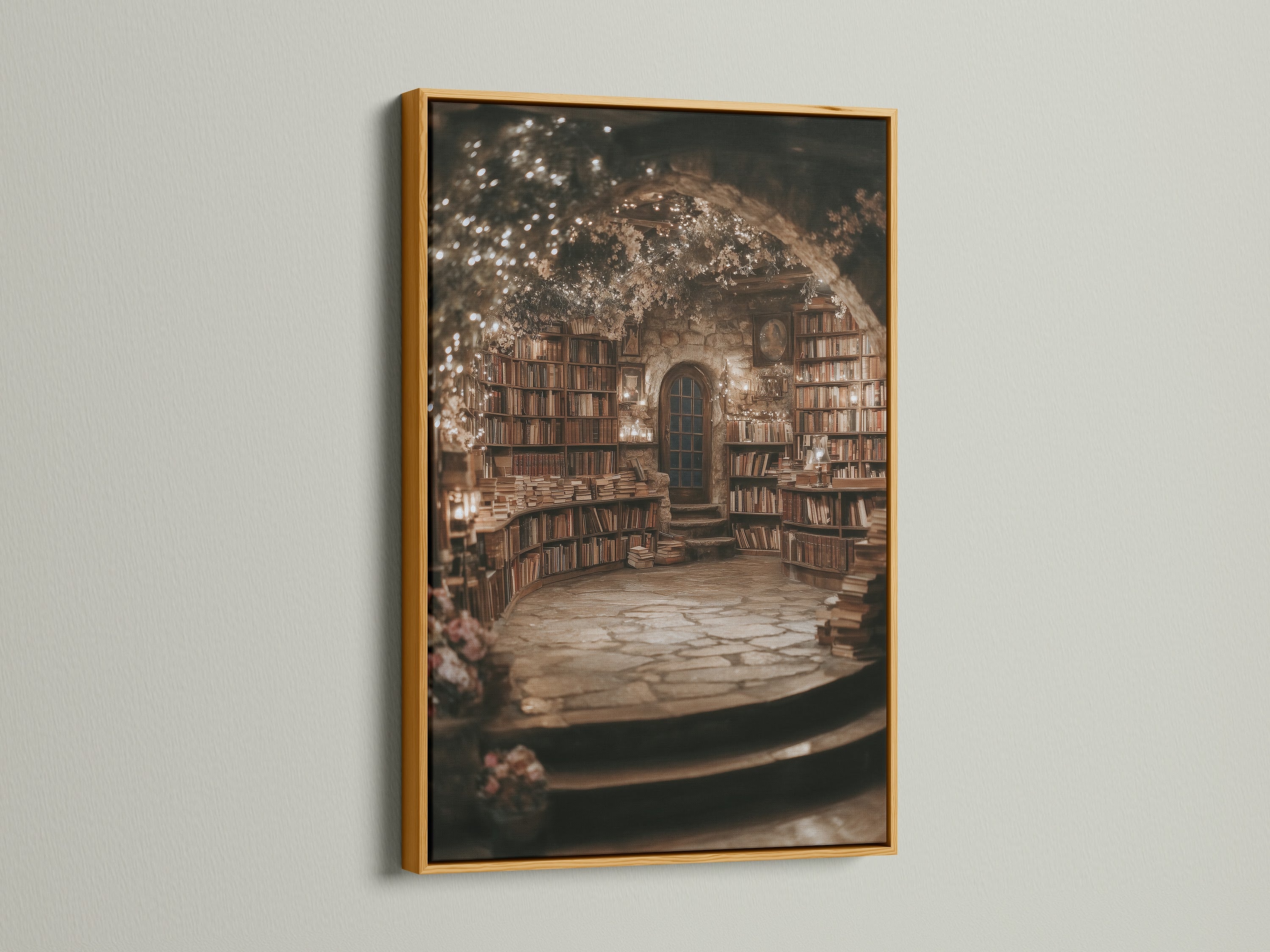 Victorian Library artwork in a gold frame. The gold frame adds a touch of elegance to this book themed art. Enhance your reading room with this library artwork. Perfect for academia decor.