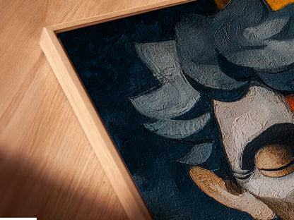 Close-up of a canvas print in a floating frame. The floating frame gives the artwork a modern look. The canvas appears to float within the frame. This is a stylish way to display art. Perfect for contemporary spaces. See the texture of the canvas print.