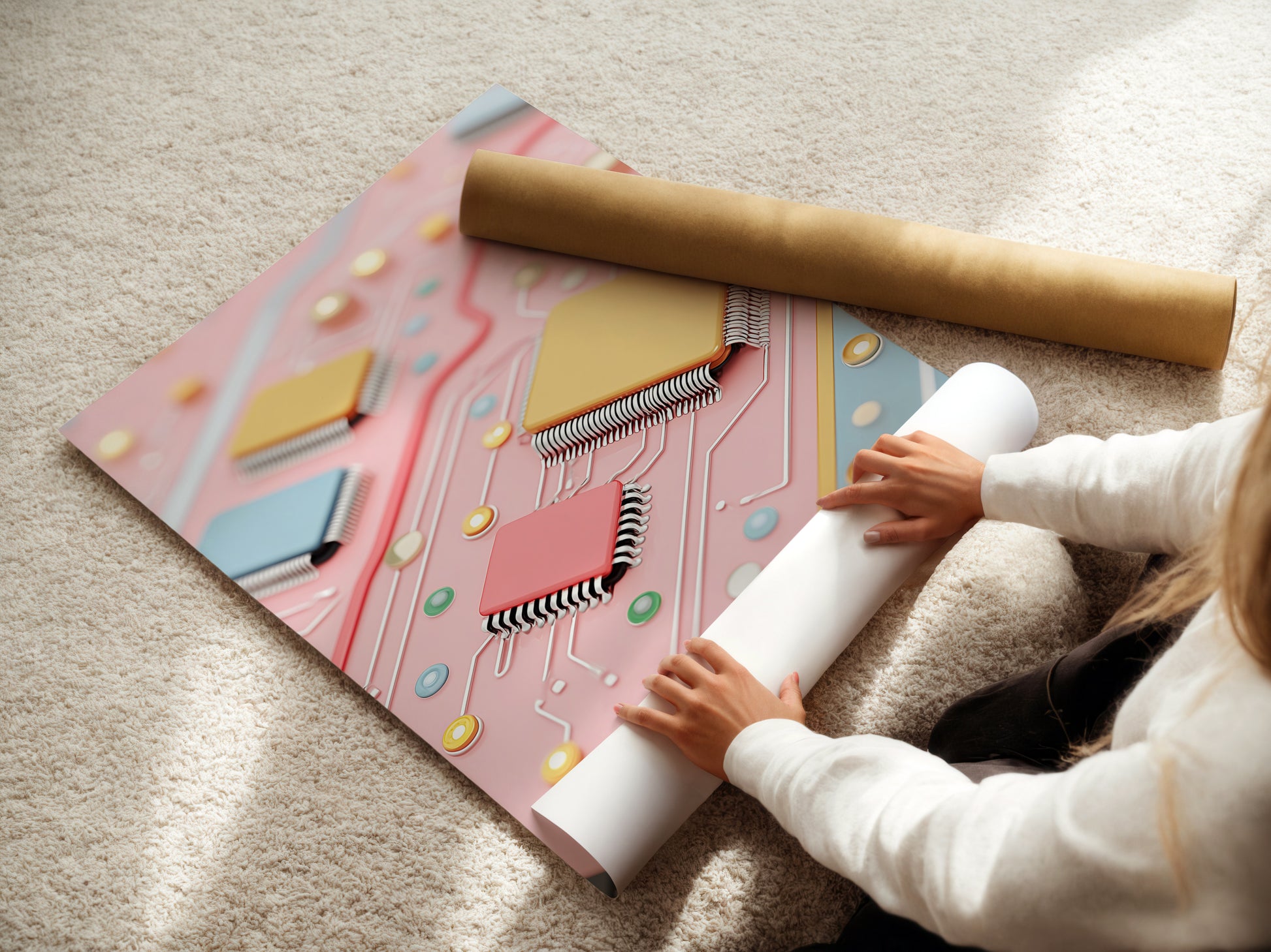 A woman is carefully rolling a fine art poster paper print of a circuit board artwork. This pastel pink and blue tech print is perfect for modern office or home decor. Get your geeky home decor ready.
