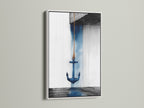 Anchor nautical artwork in a white frame. Coastal art elevates any space with a navy blue ocean theme. Discover how this artwork complements minimalist Scandinavian or nautical styles. Perfect for bathroom living room bedroom or home offices. Explore our coastal painting selection now.