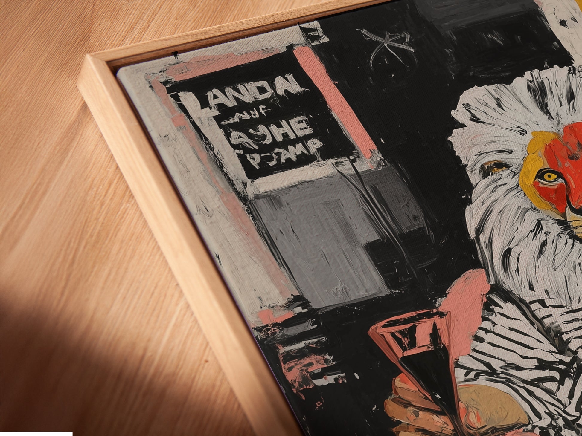 A close up angled view of the Lion Man canvas print in a floating frame. The floating frame adds depth to the artwork. The surreal mixed media art is a unique conversation starter. Add a modern touch to any room.