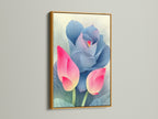 A pink and blue lotus flower artwork in a gold frame is mounted on a white wall. Gold frames bring a touch of luxury to botanical prints. This lotus print adds a serene modern accent to any room. Explore our framed artwork options today.