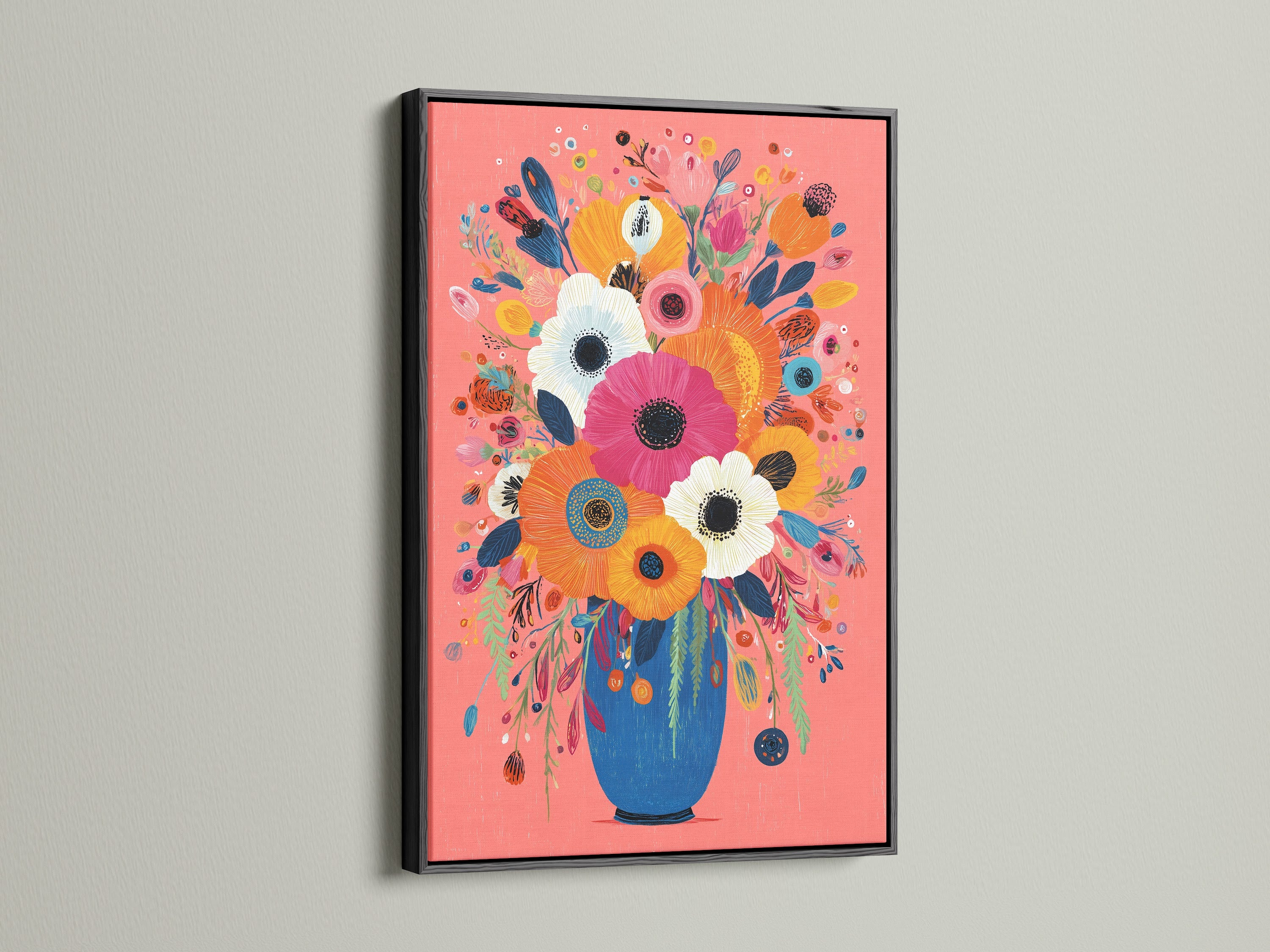 Colorful Floral Bouquet Art Print - Vibrant Flowers in Blue Vase Wall Art, Modern Botanical Poster, Pink Coral Home Decor