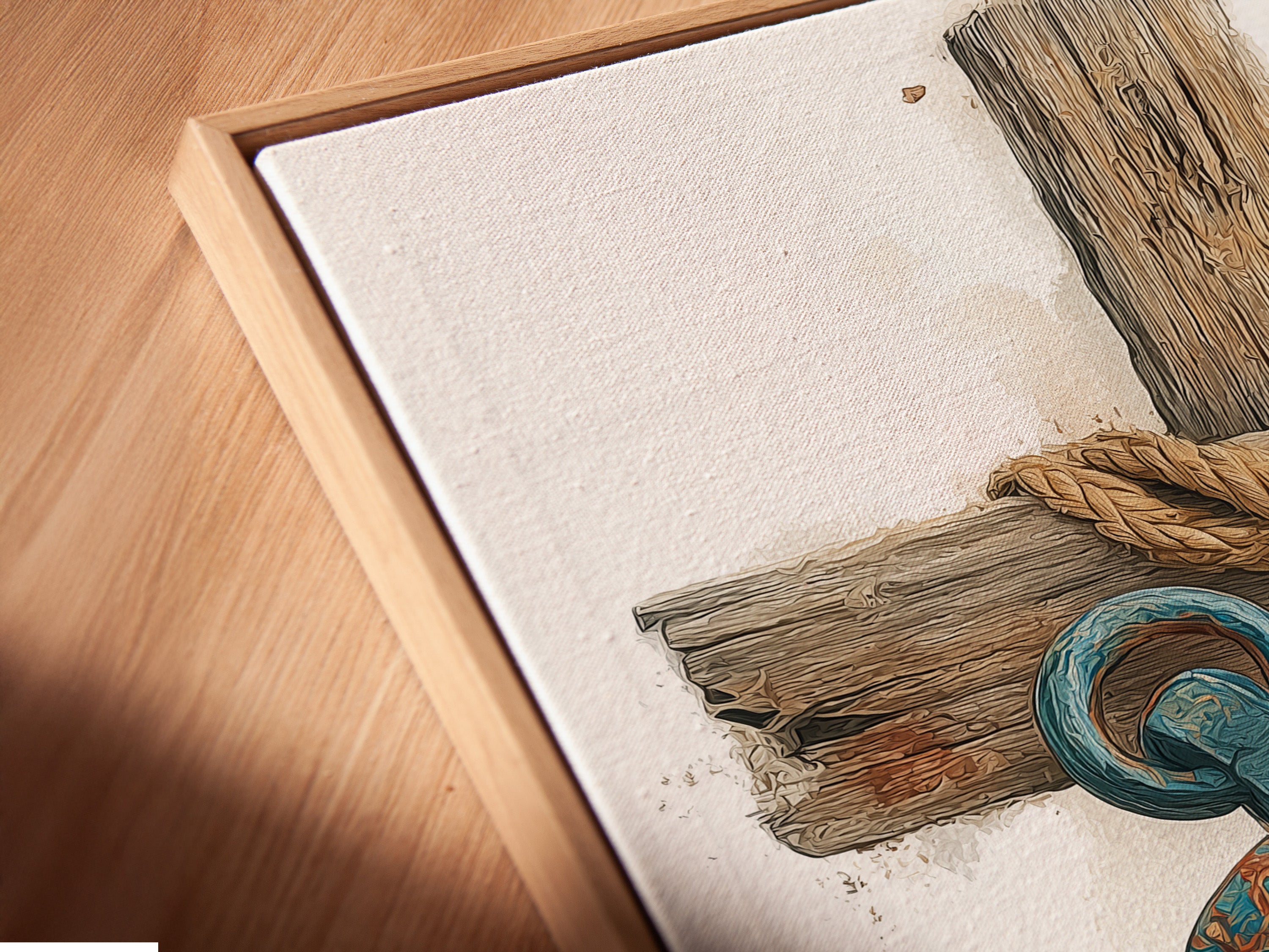 An angled close-up of a canvas print in a floating frame. The frame enhances the artwork. The artwork features a blue anchor. It is wrapped in rope against a wooden cross. The floating frame gives the art a modern gallery look.