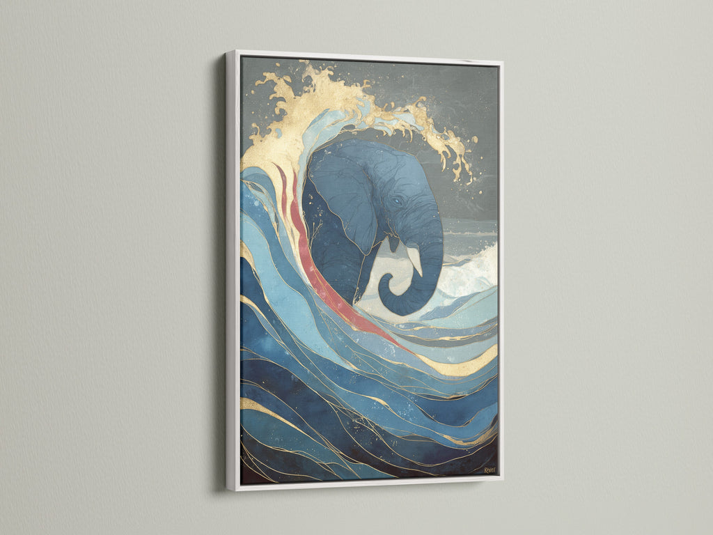 The blue and gold elephant artwork is displayed in a white frame. This modern animal print adds a coastal style to any room. This ocean wave print is perfect for homeowners renters and interior stylists looking for unique wall decor.