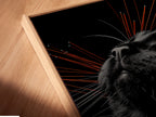 Angled close-up of a cat portrait canvas print in a floating frame. The minimalist black feline artwork enhances any room. Discover the unique depth and dimension that a floating frame adds to this modern pet artwork.