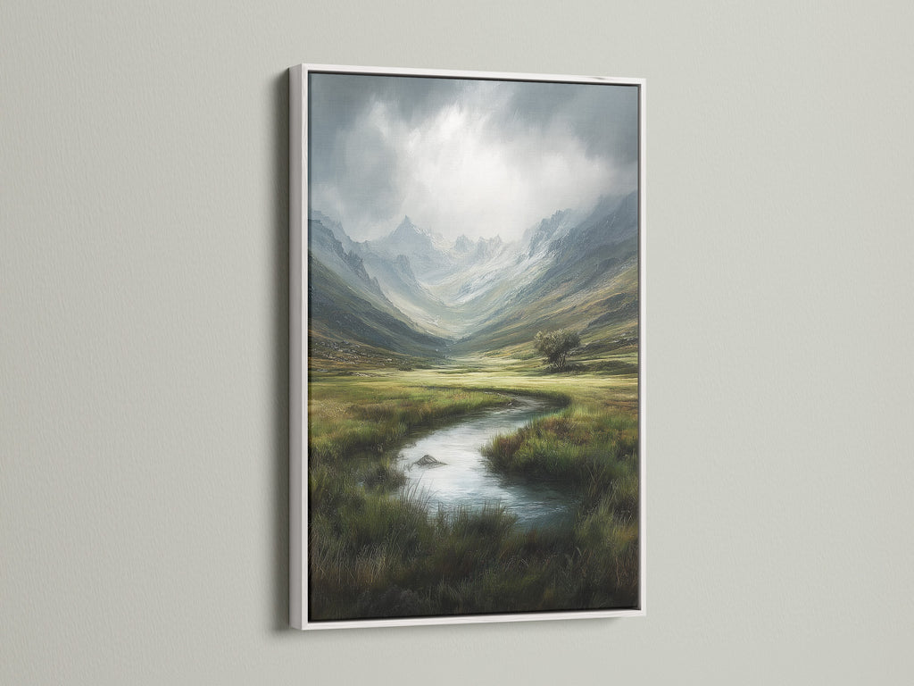 Mountain Valley Landscape Print - Serene River Scene, Nature Wall Art, Green Meadow Artwork, Scenic Home Decor, Highland Print
