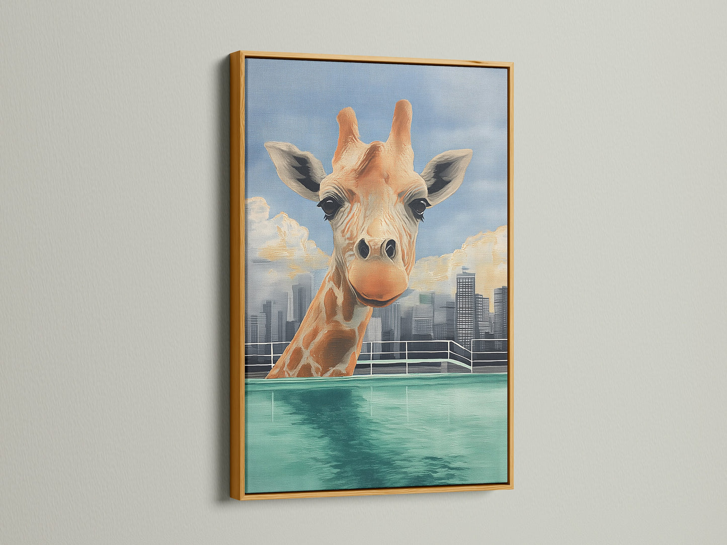 A luxurious giraffe skyline artwork is beautifully set in a gold frame. This fun wall art brings a touch of glamour and whimsy to your space. A perfect statement piece for any room.