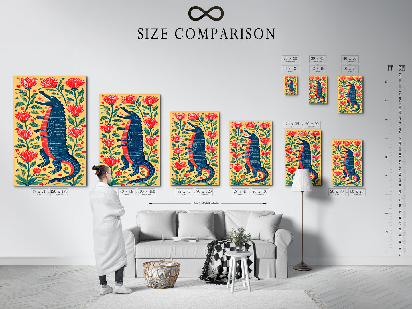 Size comparison chart displayed in an interior setting. The chart shows various sizes of the alligator artwork. This helps you visualize the perfect fit for your space. Choose the ideal size for your wall.