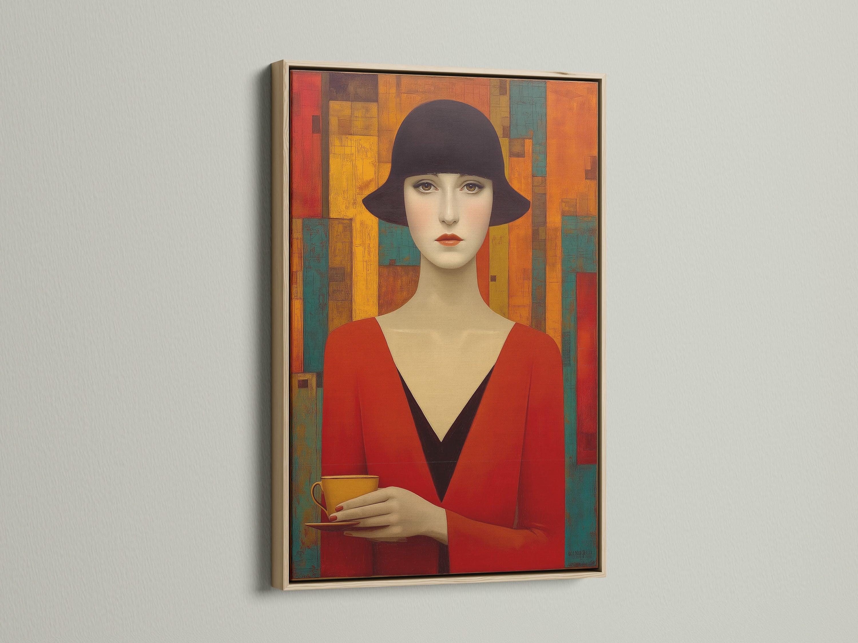 A captivating art deco woman portrait is showcased. This vintage artwork features a woman in red with a black hat. The art is framed in a light oak frame. This retro fashion art print adds a touch of elegance to any space.