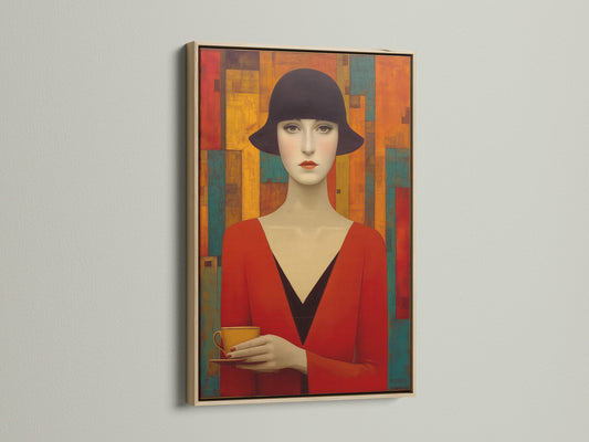 A captivating art deco woman portrait is showcased. This vintage artwork features a woman in red with a black hat. The art is framed in a light oak frame. This retro fashion art print adds a touch of elegance to any space.