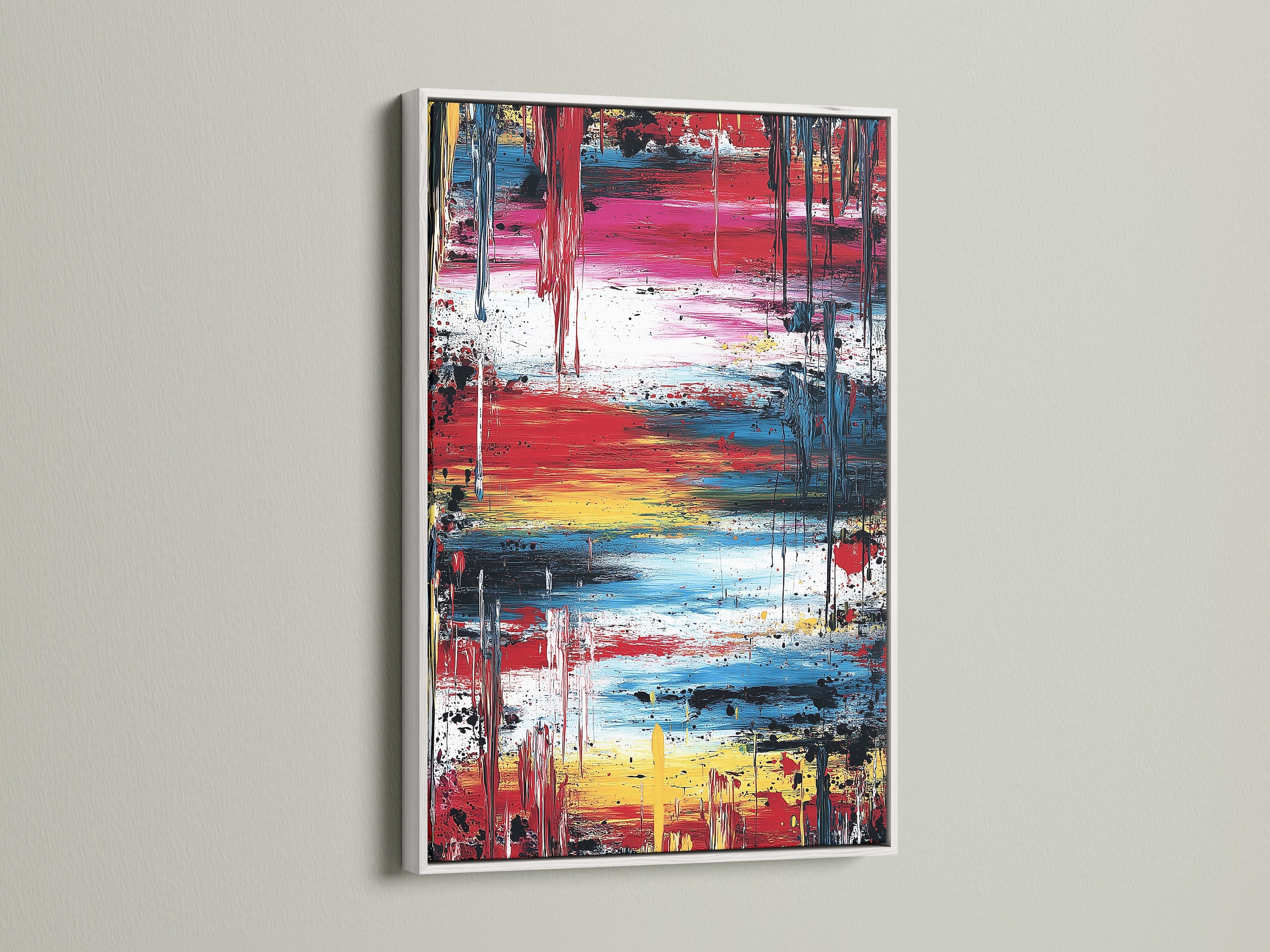 Contemporary abstract art with dynamic paint strokes in a sleek white frame. The red blue and yellow hues bring a modern touch to any space. Elevate your decor with this vibrant and eye-catching artwork. A perfect addition to any room.