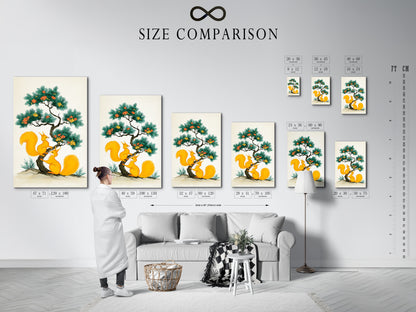 Size comparison chart in an interior setting showcasing squirrel artwork. Visualize how this botanical tree art fits in your space. Perfect for kids room decor or adding a nature-inspired touch. Choose the ideal size for your home whether it's a poster or canvas print. Create a cozy atmosphere.