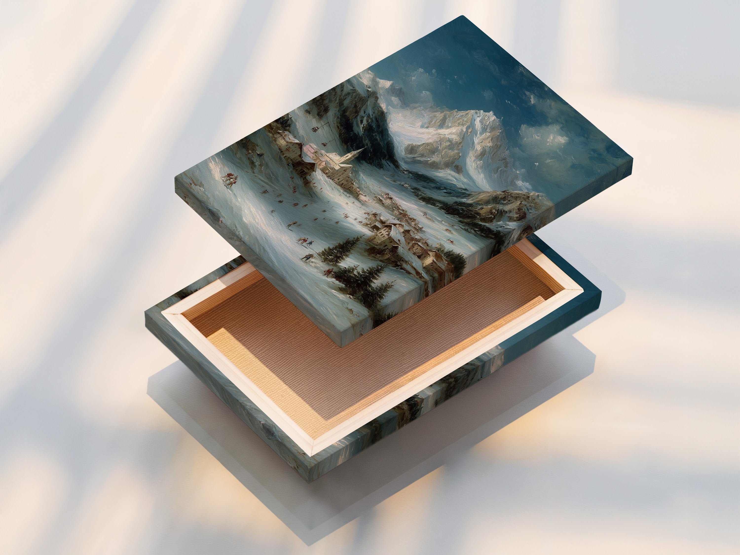 A stretched canvas print of the Alpine Village artwork. This winter mountain landscape is perfect for a lodge style. The snow scene print brings a touch of winter magic. It is ideal for homeowners renters and vacation rental owners. The artwork has a vintage feel.