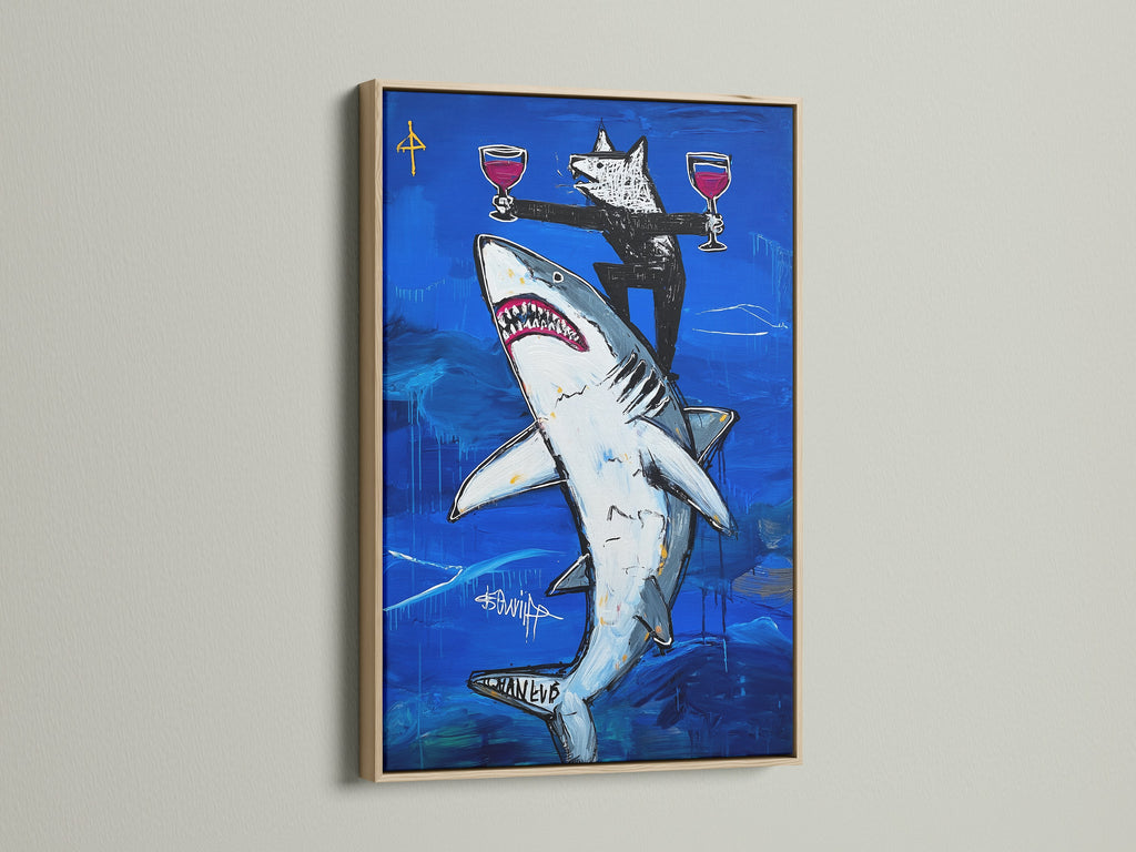 Shark Art Canvas Print with an oak frame. Ocean blue abstract painting adds a touch of modern wall decor. The artwork brings sea life art into your dining room. The oak frame enhances the contemporary art.